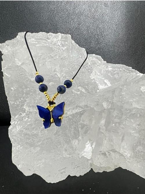 Sertifikalı Orijinal Lapis Lazuli & Sedef Doğal Taş Kolye Kelebek Detaylı Asansörlü Kilit Sistemi