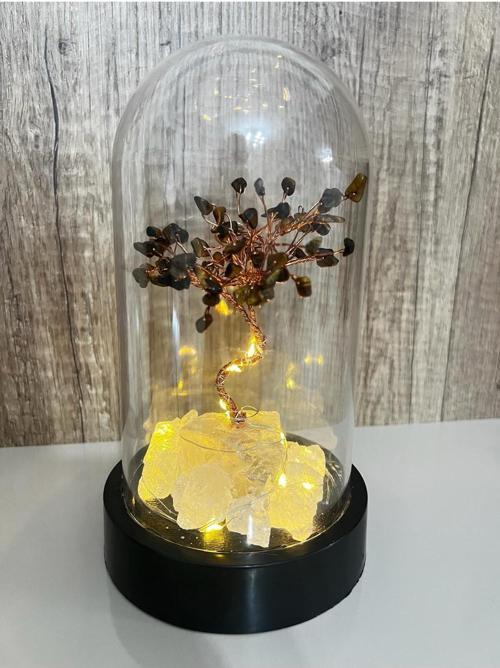 Sertifikalı Doğal Taş Kaplan Gözü Tasarımlı Bakır Tel Sarma Işıklı Fanus Aksesuar 21x12 cm Büyük Boy
