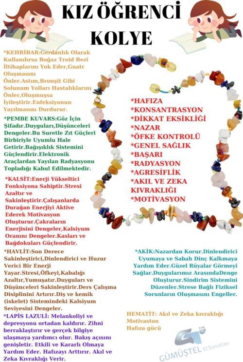 Sertifikalı Kız Öğrenci Kolyesi Kehribar P. Kuvars Kalsit Havlit Lapis Akik Hematit Doğal Taş Kolye