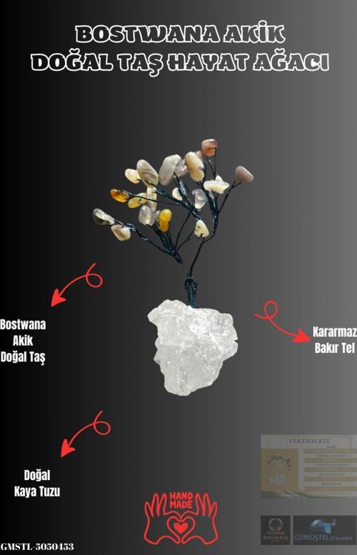 Sertifikalı Doğal Taş Bostwana Akik Taşı Dekoratif El Yapımı Ağaç