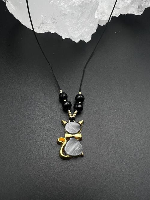 Sertifikalı Obsidyen & Sedef Doğal Taş Tasarım Kolye Kedi Obje Detaylı AAA Kalite