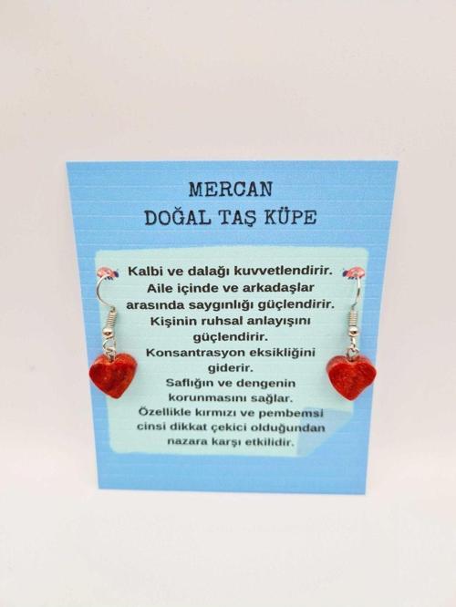Sertifikalı Doğal Taş Mercan Küpe Kalp Tasarımlı