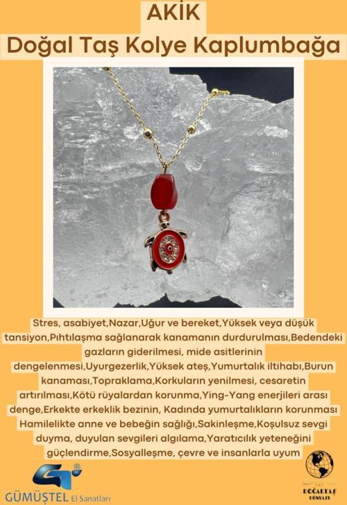 Sertifikalı Akik Doğal Taş Tasarım Kolye El Yapımı Kırmızı Kaplumbağa Obje Detay AAA Kalite