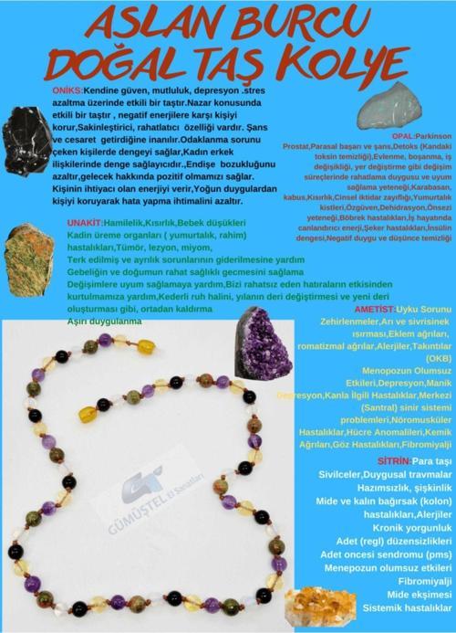 Sertifikalı Özel Tasarım Aslan Burcu Kolye Oniks Unakit Sitrin Opal Ametist