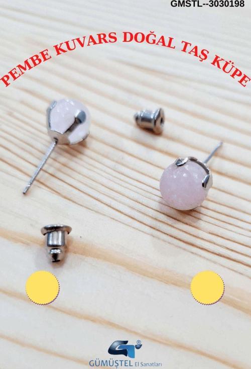 Sertifikalı Pembe Kuvars Doğal Taş Top Küpe Orijinal Doğal Taş