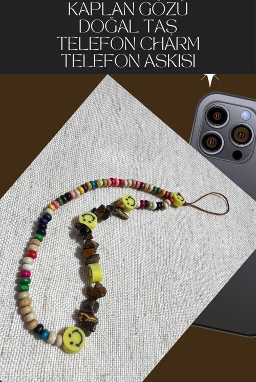 Sertifikalı Telefon Charmı Telefon Ipi Askısı Doğal Taş Kaplan Gözü