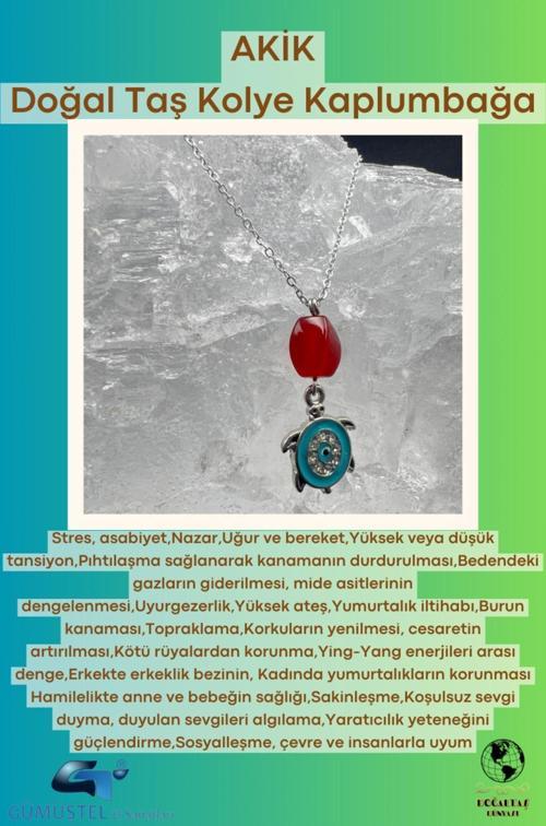 Sertifikalı Akik Doğal Taş Tasarım Kolye El Yapımı Turkuaz Kaplumbağa Obje Detaylı