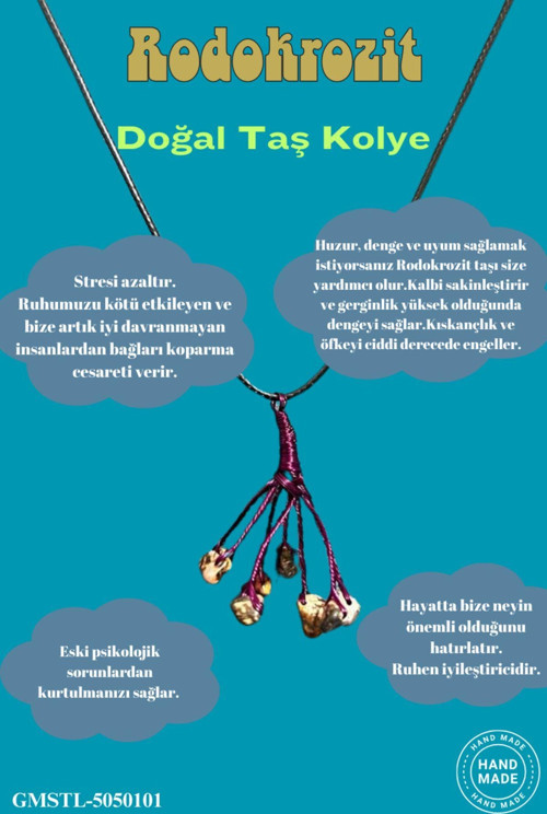 Sertifikalı Doğal Taş Rodokrozit Taşı El Yapımı Bakır Tel Sarma Kolye