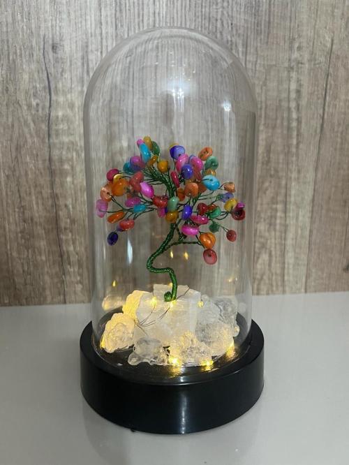 Sertifikalı Doğal Taş Sedef Tasarımlı Bakır Tel Sarma Işıklı Fanus Aksesuar 21x12 cm Büyük Boy