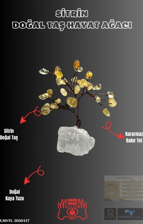 Sertifikalı Doğal Taş Sitrin Taşı Dekoratif El Yapımı Ağaç