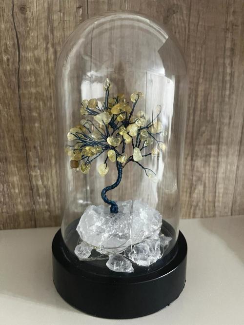 Sertifikalı Doğal Taş Sitrin Tasarımlı Bakır Tel Sarma Işıklı Fanus Aksesuar 21x12 cm Büyük Boy