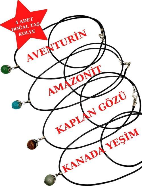 Sertifikalı Doğal Taş Kolye Aventurin & Amazonit & Kaplan Gözü & Kanada Yeşim 4 Adet Kolye