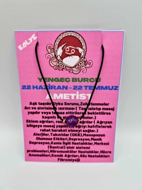 Sertifikalı Yengeç Burcu Ametist Taşı Doğal Taş Kolye