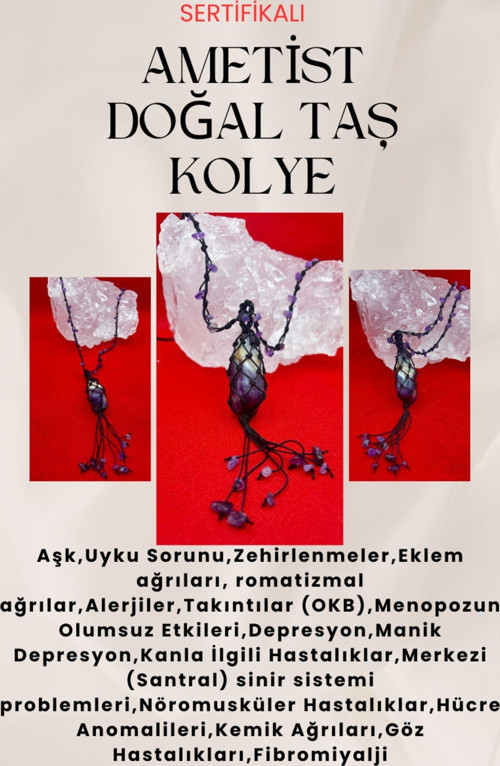 Sertifikalı Ametist Doğal Taş Kolye El Yapımı Handmade Aaa Kalite