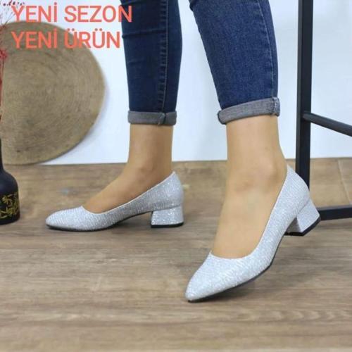 Kadın Ayakkabı Gümüş Simli Sitiletto Cupra Kısa Topuklu Klasik Günlük Ayakkabı 3 Cm 39