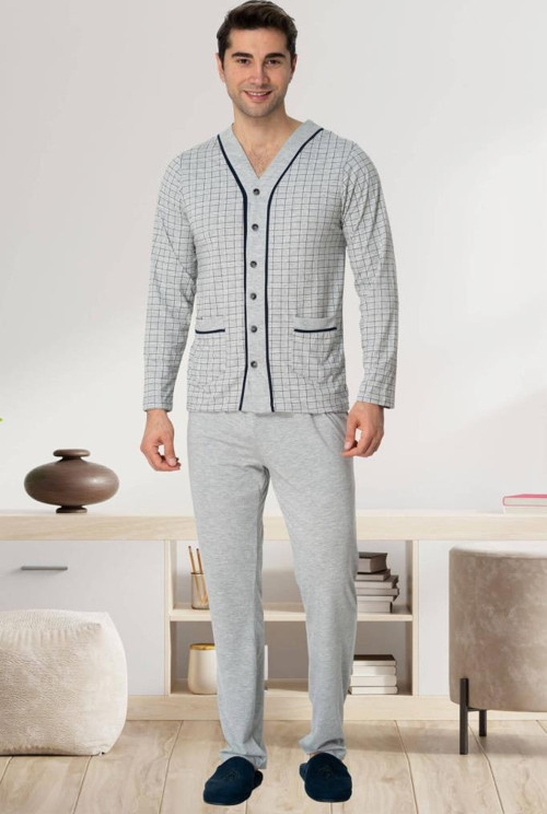 Mecit 22767 Erkek Gri Önden Düğmeli Büyük Beden Pijama Takımı