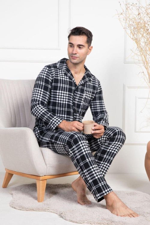 Mecit 2950 Erkek Beyaz Ekoseli Büyük Beden Kışlık Pijama Takımı
