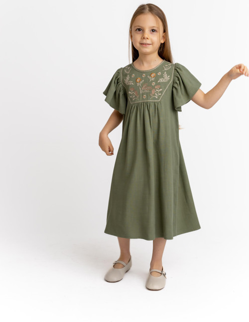 Robası Nakışlı Keten Kız Çocuk Elbise Haki