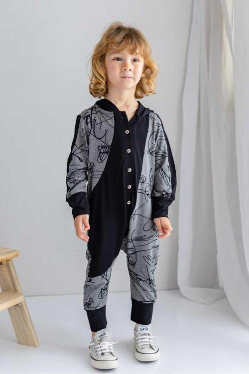 Siyah Gri Ince Triko Geometrik Desenli Kapişonlu Önden Düğmeli Kışlık Unisex Çocuk Tulum Bej