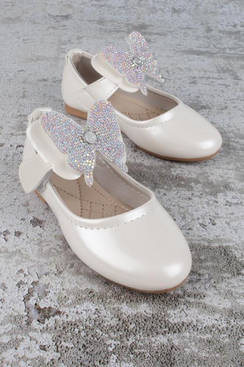 Kız Çocuk Ayakkabı Cırtlı Kelebek Taşlı Babet Sedef