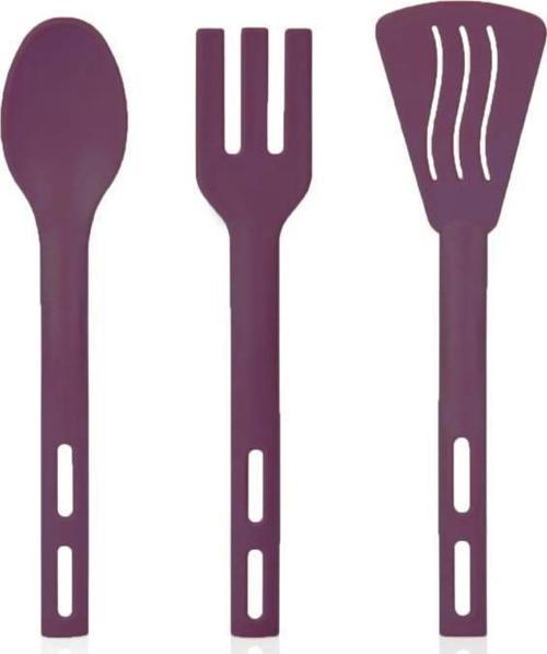 3lü Mini Plastik Spatula Kaşık Çatal Servis Seti Takımı Mor