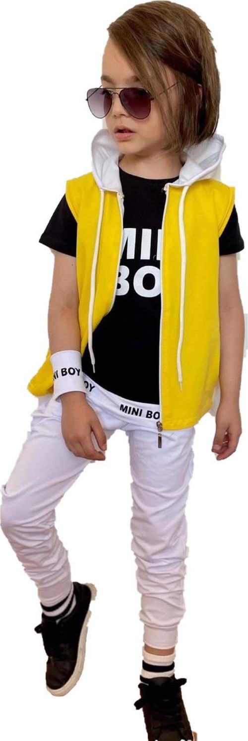 Erkek Çocuk Mini Boy Yazı ve Şerit Detaylı T-shirt Kolsuz Sarı Yelek Eşofman Takım