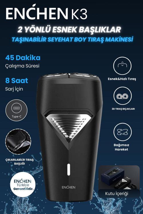 K3 Siyah Taşınabilir Seyahat Boy Mini Şarjlı Tıraş Makinesi