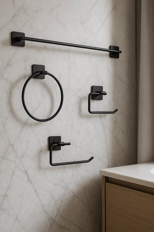 Yapışkanlı Siyah 4’lü Banyo & Mutfak Havluluk Seti – WC Kağıtlık, Rulo, Çember & Uzun Havlu Askısı
