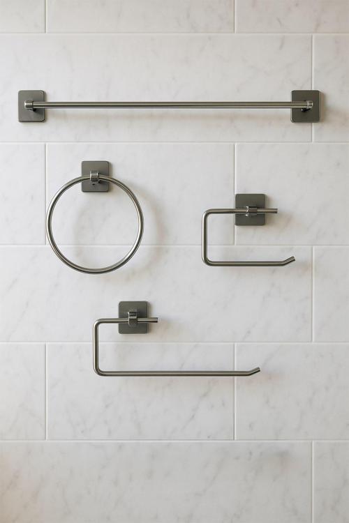 Yapışkanlı Krom 4’lü Banyo & Mutfak Havluluk Seti – WC Kağıtlık, Rulo, Çember & Uzun Havlu Askısı