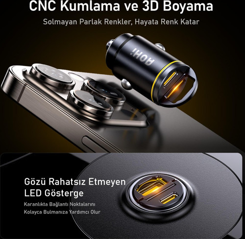 Aohi Superauto Araç İçi Şarjı, 2 Portlu PD 45W Type-C to Type-C, USB 30W Hızlı Şarj Çakmaklık Adaptö 8