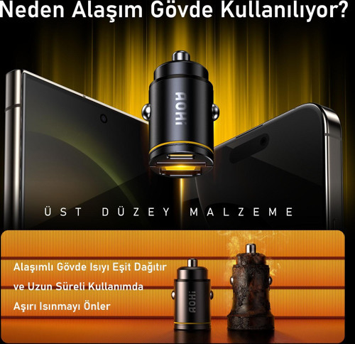 Aohi Superauto Araç İçi Şarjı, 2 Portlu PD 45W Type-C to Type-C, USB 30W Hızlı Şarj Çakmaklık Adaptö 2