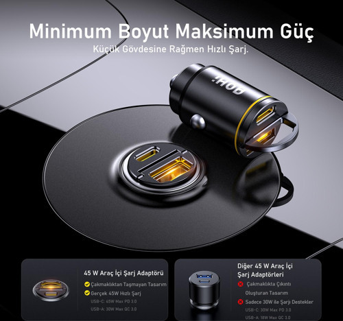 Aohi Superauto Araç İçi Şarjı, 2 Portlu PD 45W Type-C to Type-C, USB 30W Hızlı Şarj Çakmaklık Adaptö 5