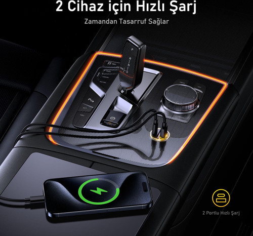 Aohi Superauto Araç İçi Şarjı, 2 Portlu PD 45W Type-C to Type-C, USB 30W Hızlı Şarj Çakmaklık Adaptö 6
