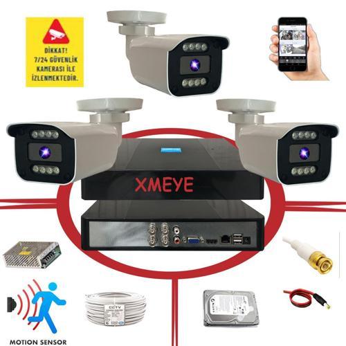 3 Kameralı Hareket Algılayan 5 MP Lens 8 Warm Led Gece Renkli Gösteren Güvenlik Kamerası Seti BS 908W