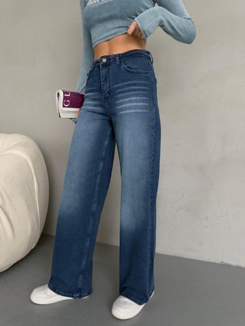 Kadın Yüksek Bel Soluk Efektli Vintage Palazzo Jeans