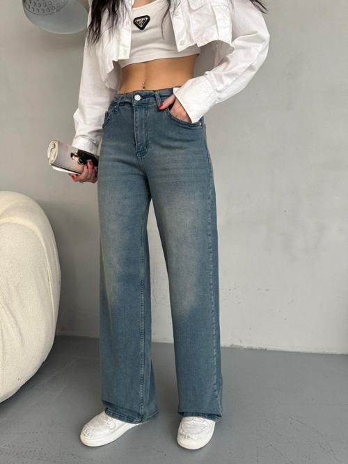 Kadın Yüksek Bel Soluk Efektli Vintage Palazzo Jeans