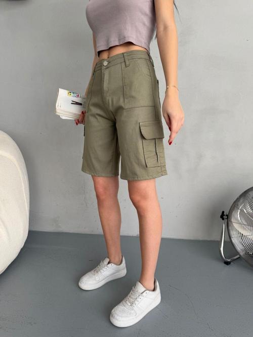 Kadın Kargo Cepli Yüksek Bel Likralı Bermuda Şort