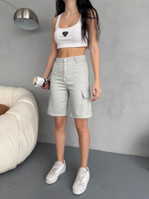 Kadın Kargo Cepli Yüksek Bel Likralı Bermuda Şort
