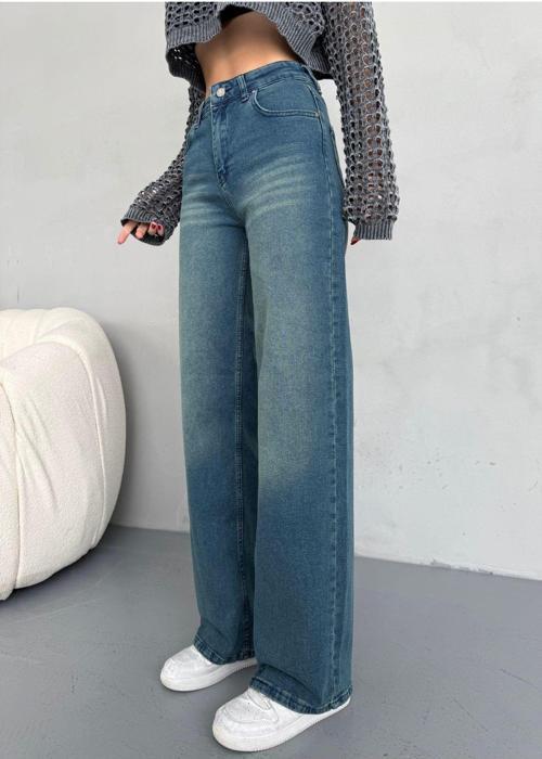 Kadın Yüksek Bel Soluk Efektli Vintage Palazzo Jeans