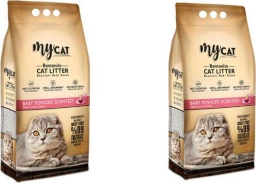 Mycat (10 Lt) Topaklanan Bentonit Kedi Kumu Pudra Kokulu (İnce Tane) (2 Adet)