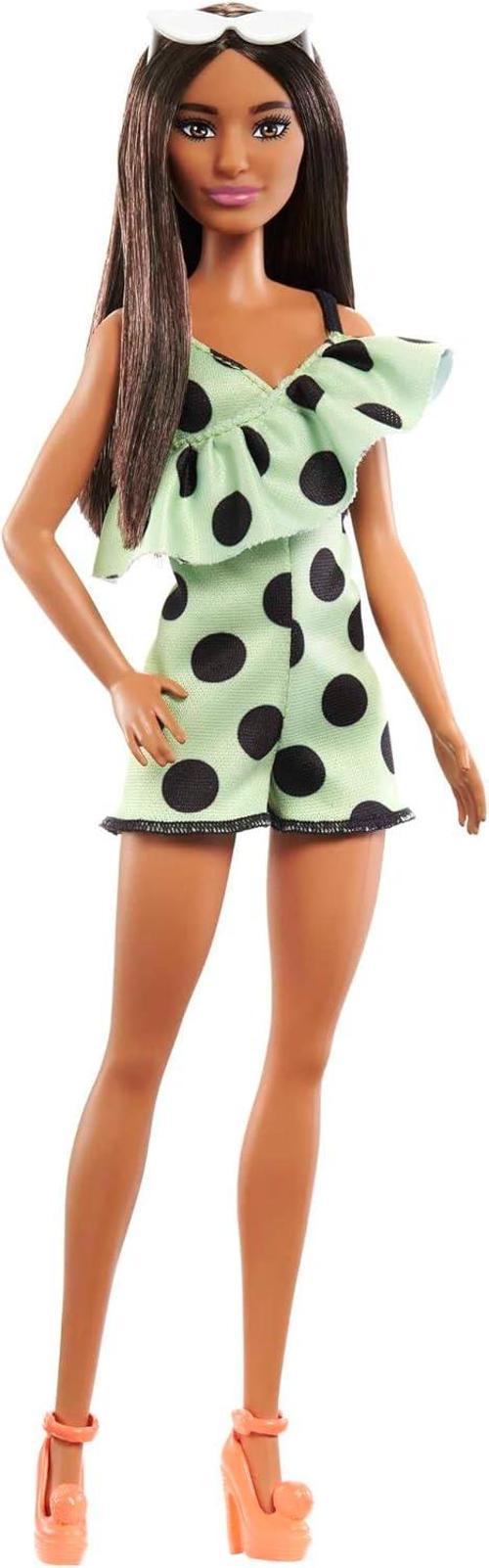 Fashionistas Doll #200 Esmer Saçlı, Kireç Yeşili Puantiyeli Tulum Ve Barbie Aksesuarları