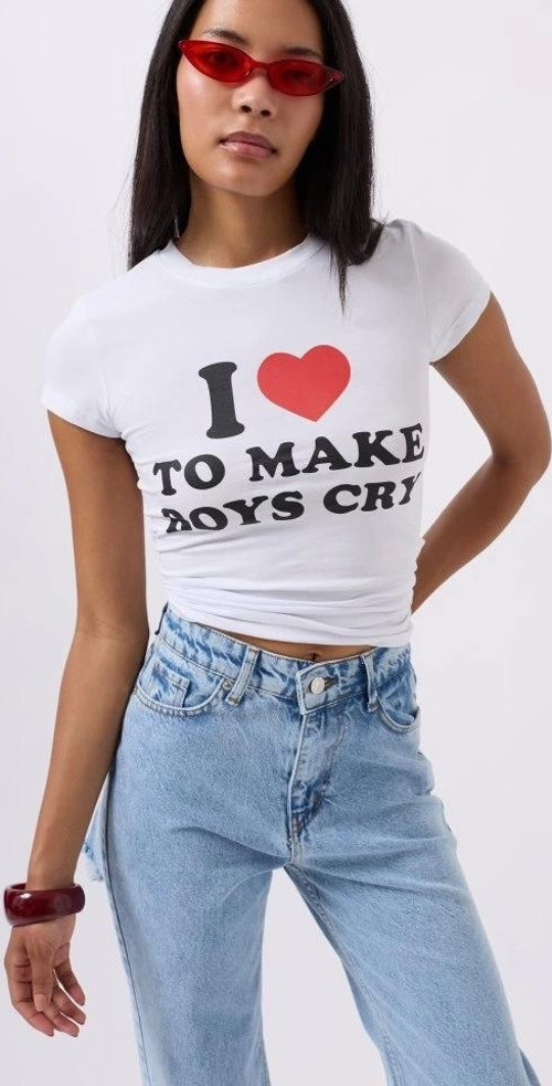 Nakış Detay Baskılı Crop T-Shirt
