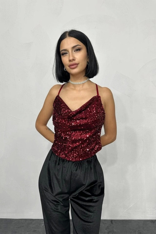 Bordo Askılı Degaje Bluz