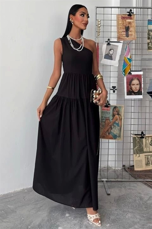 Tek Omuzlu Pile Detay Maxi Elbise 2895