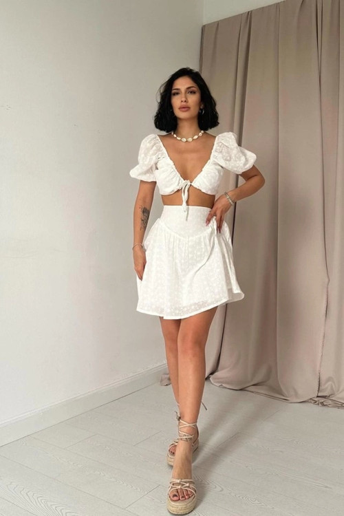 Ekru Brode Crop Ve Mini Etek Takım