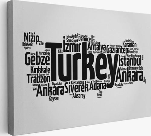Siyah ve Beyaz İller İsimli Türkiye Haritası Dekoratif Kanvas Tablo, Duvar Dekoru 1018