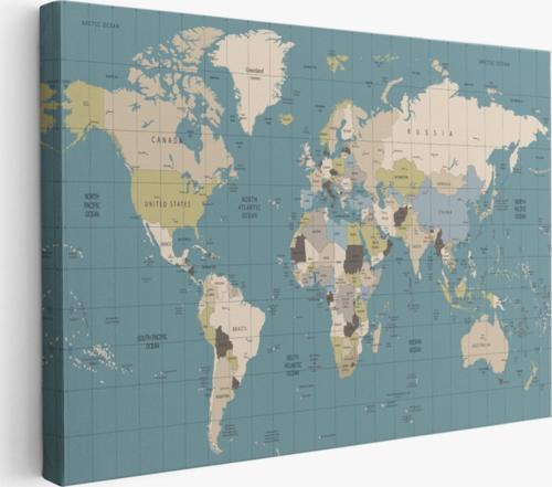 Meridyenli Soft Renkler İngilizce Dünya Haritası Dekoratif Kanvas Tablo, Duvar Dekoru 1070