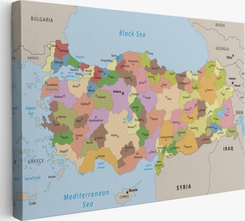 Komşu Ülkeli İngilizce Türkiye Haritası Dekoratif Kanvas Tablo, Duvar Dekoru 1067