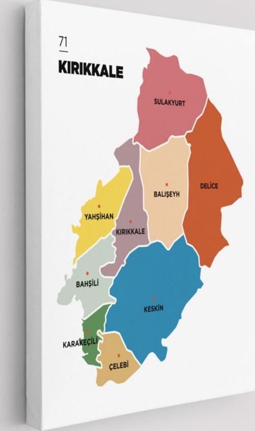 İl ve İlçeler Haritası Kırıkkale, Modern Dekoratif Kanvas Tablo, Duvar Dekoru 1392