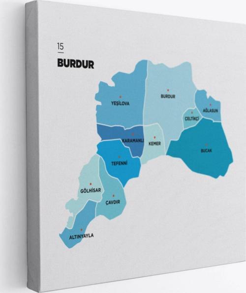 İl ve İlçeler Haritası Burdur, Modern Dekoratif Kanvas Tablo, Duvar Dekoru 1305
